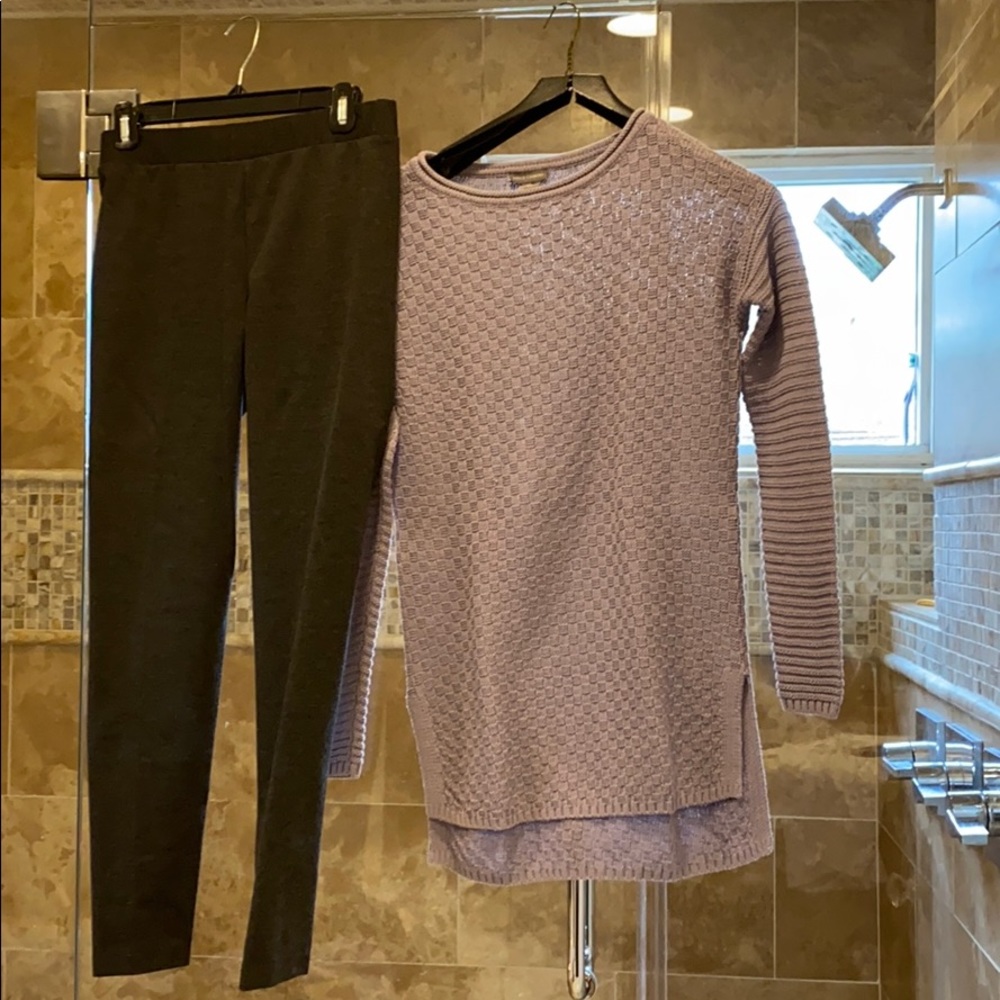 Lavender sweater with gray leggings